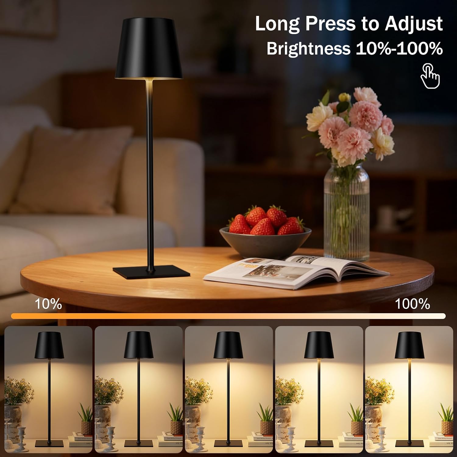 Kakanuo Black Cordless Rechargeable Table Lamp, 4 Pack Portable Desk Lamp with 5000mAh Battery, Touch Control Stepless Dimming, Wireless…