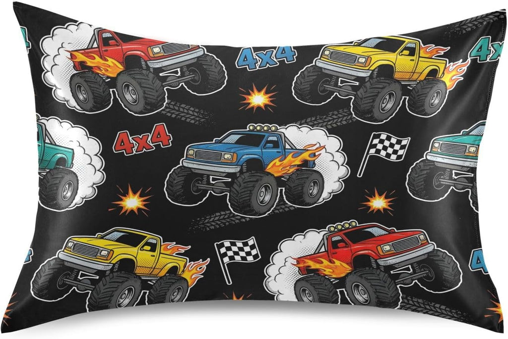 Monster Truck Black Print Pillow Covers Silk Pillowcase for Hair and Skin Soft Breathable Smooth Cooling Satin Pillowcase Standard Size…