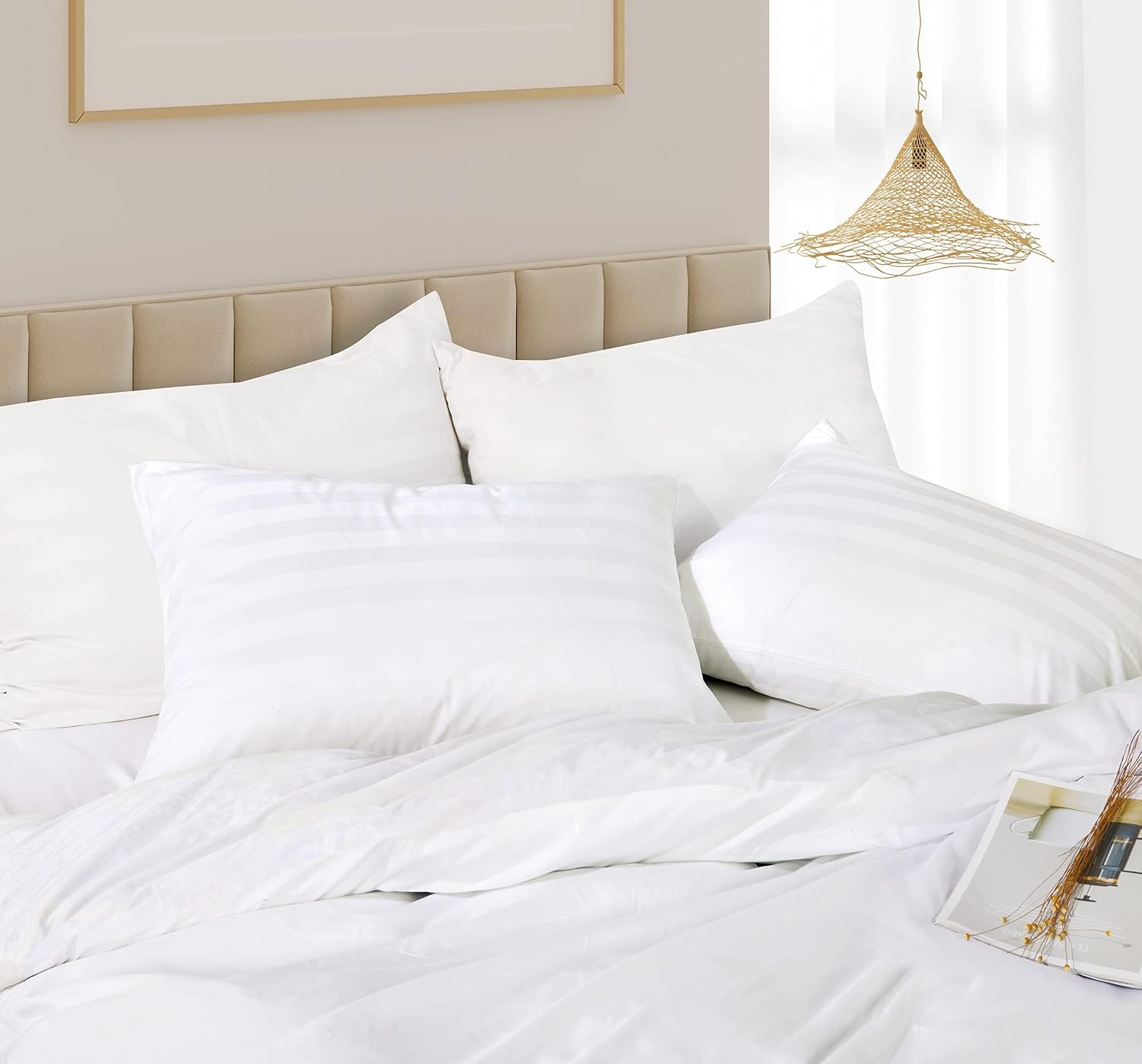 ZaizaiHome Queen Pillow Protector Set of 4, 100% Egyptian Cotton Pillow Cases with Zipper 400 Thread Count Sateen Weave Cotton White Stripe…