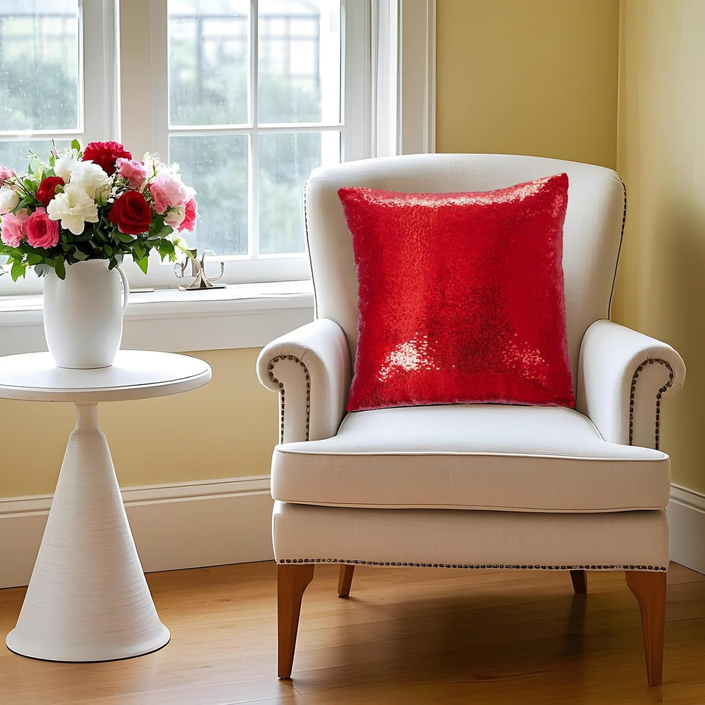 Eternal Beauty Set of 2 Sequin Decorative Pillow Cases Red Pillow Covers for Couch Sofa Throw Pillows 18 X 18 Inches