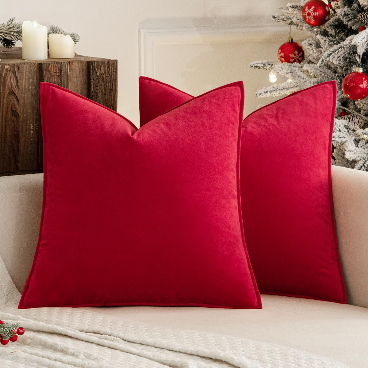 Miulee Red Velvet Throw Pillow Covers 18x18 Soft Decorative Solid Square Cushion Cases Pack of 2 Modern Luxury Home Decor for Couch, Sofa,…