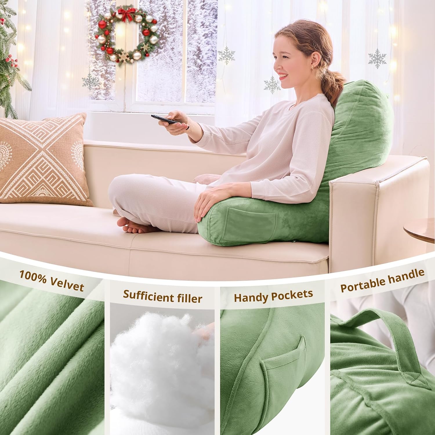 Sasttie Reading Pillow, Pillows for Reading or Relaxing – Ergonomic Support for Head, Neck, Back, and Lumbar, 23-Inch, Sage Green Green