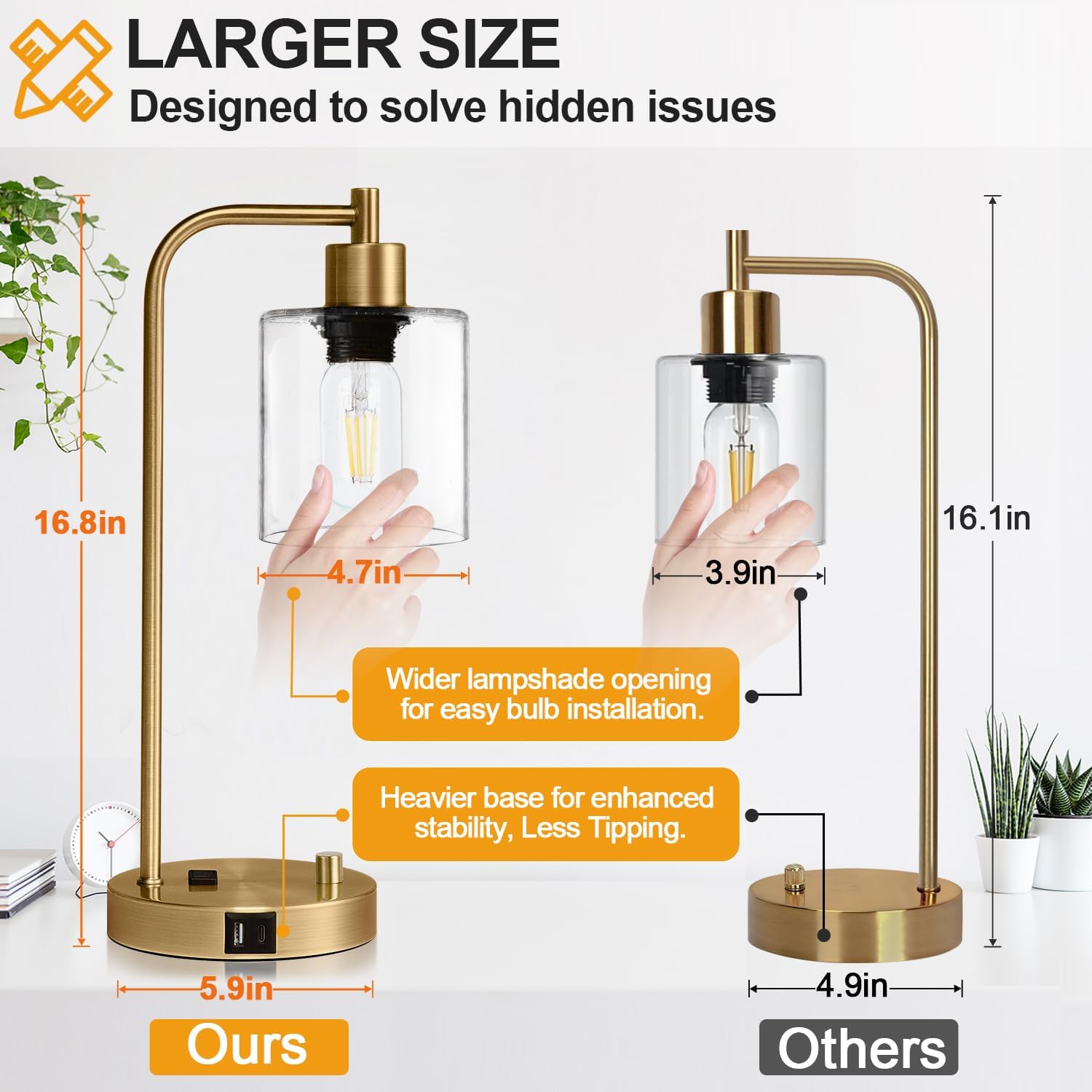 Lynnoland Set of 2 Industrial Table Lamps with USB C+A Ports and Outlet, Brass Fully Stepless Dimmable Bedside Lamps, Nightstand Lamps…