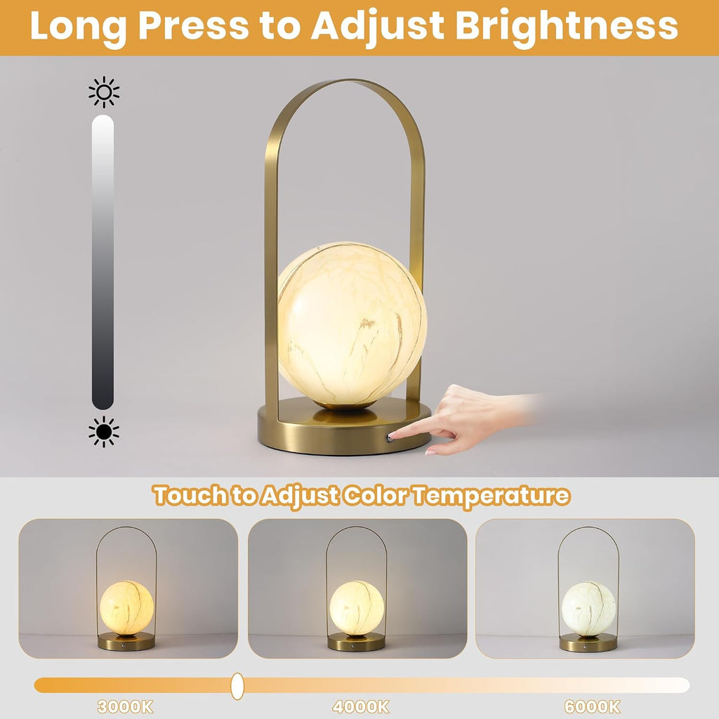 Portable Rechargeable Table Lamp with Marble Pattern Glass Shade – Gold Plated Metal Frame, Cordless LED Desk Light for Bedroom, Nursery…