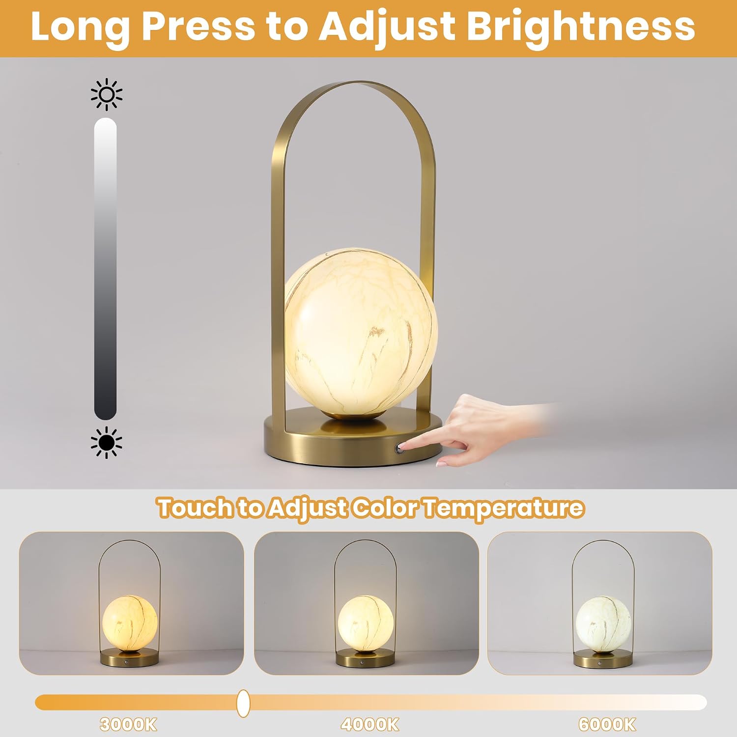 Portable Rechargeable Table Lamp with Marble Pattern Glass Shade – Gold Plated Metal Frame, Cordless LED Desk Light for Bedroom, Nursery…