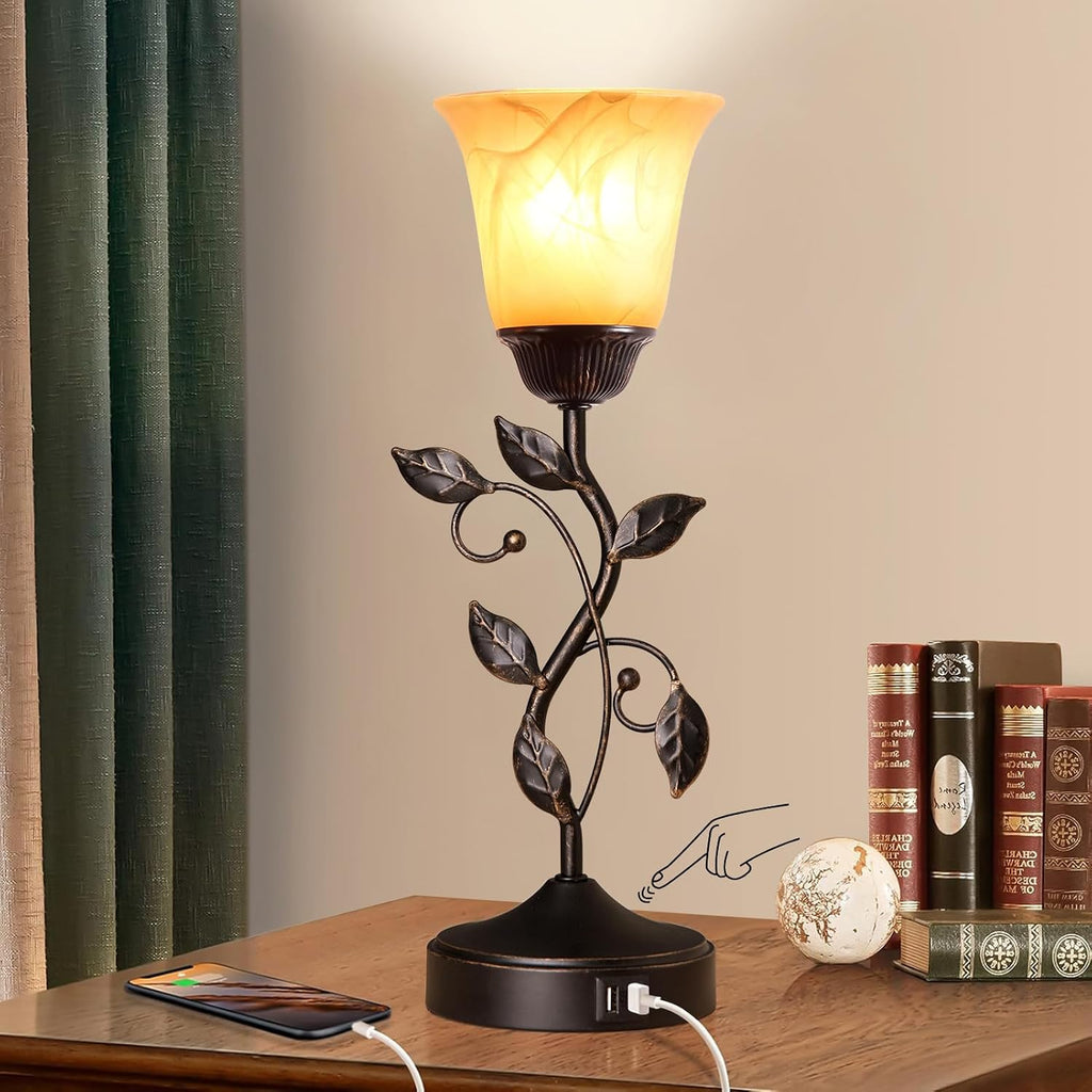 Touch Control Table Lamp with 2 USB Charging Ports, 3-Way Dimmable Bedside Nightstand Lamps, Amber Glass Shade Vintage Rural Leaf Lamp…