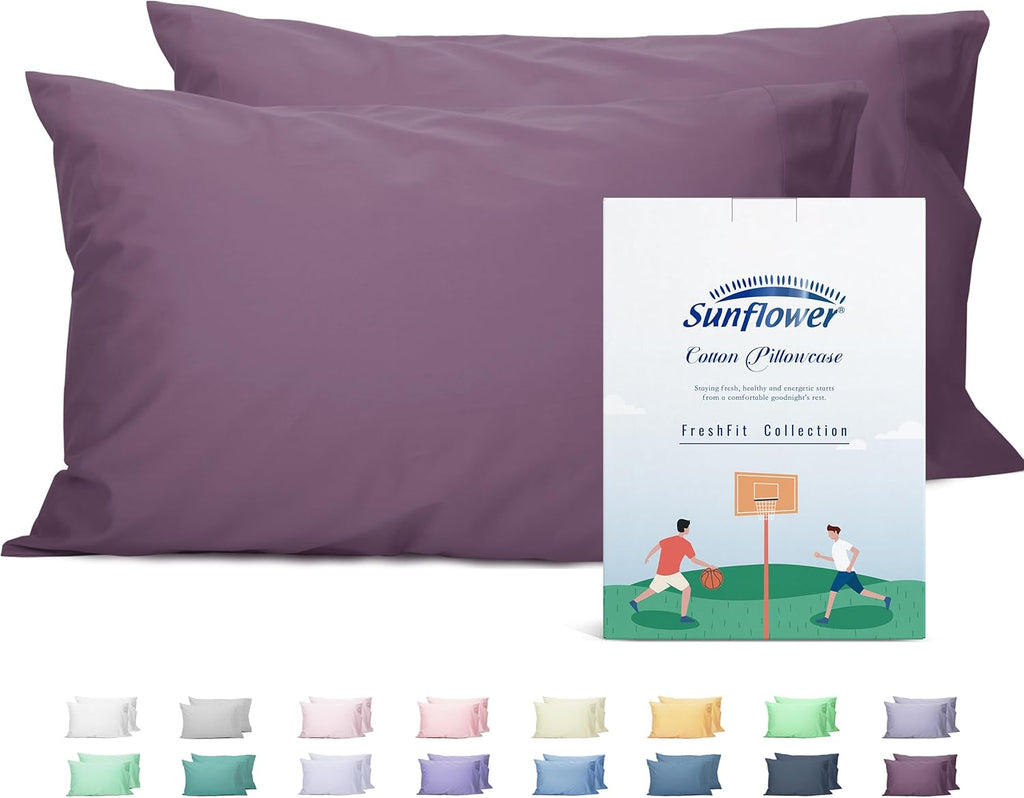 Sunflower Queen Pillowcases Set of 2, 100% Cotton Queen Size Pillow Cases 2, 20×30 inches Dark Purple, Soft and Breathable