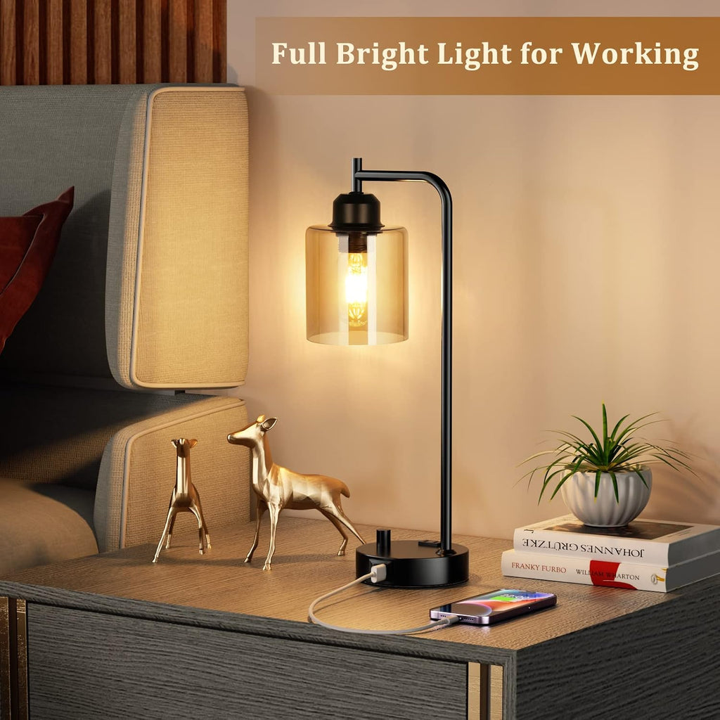 Innqoo Industrial Small Desk Lamp for Nightstand - Amber Clear Glass Shade Table Lamp with USB C Port, Fully Dimmable Black Bedside Lamp…