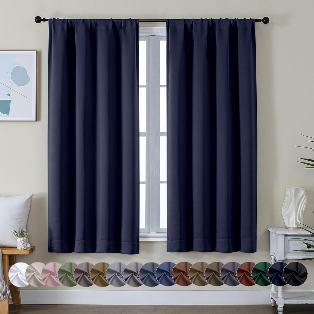 Simplebrand Ava Navy Blue Blackout Curtains for Bedroom 63 Inch Length 2 Panels, Solid Thermal Insulated Energy Saving Rod Pocket Window Tr…