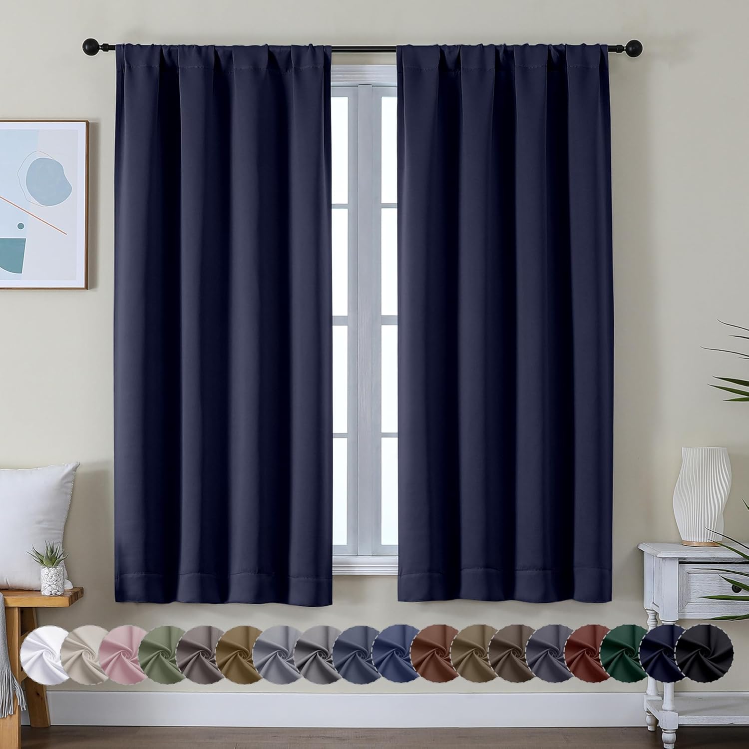 Simplebrand Ava Navy Blue Blackout Curtains for Bedroom 63 Inch Length 2 Panels, Solid Thermal Insulated Energy Saving Rod Pocket Window Tr…