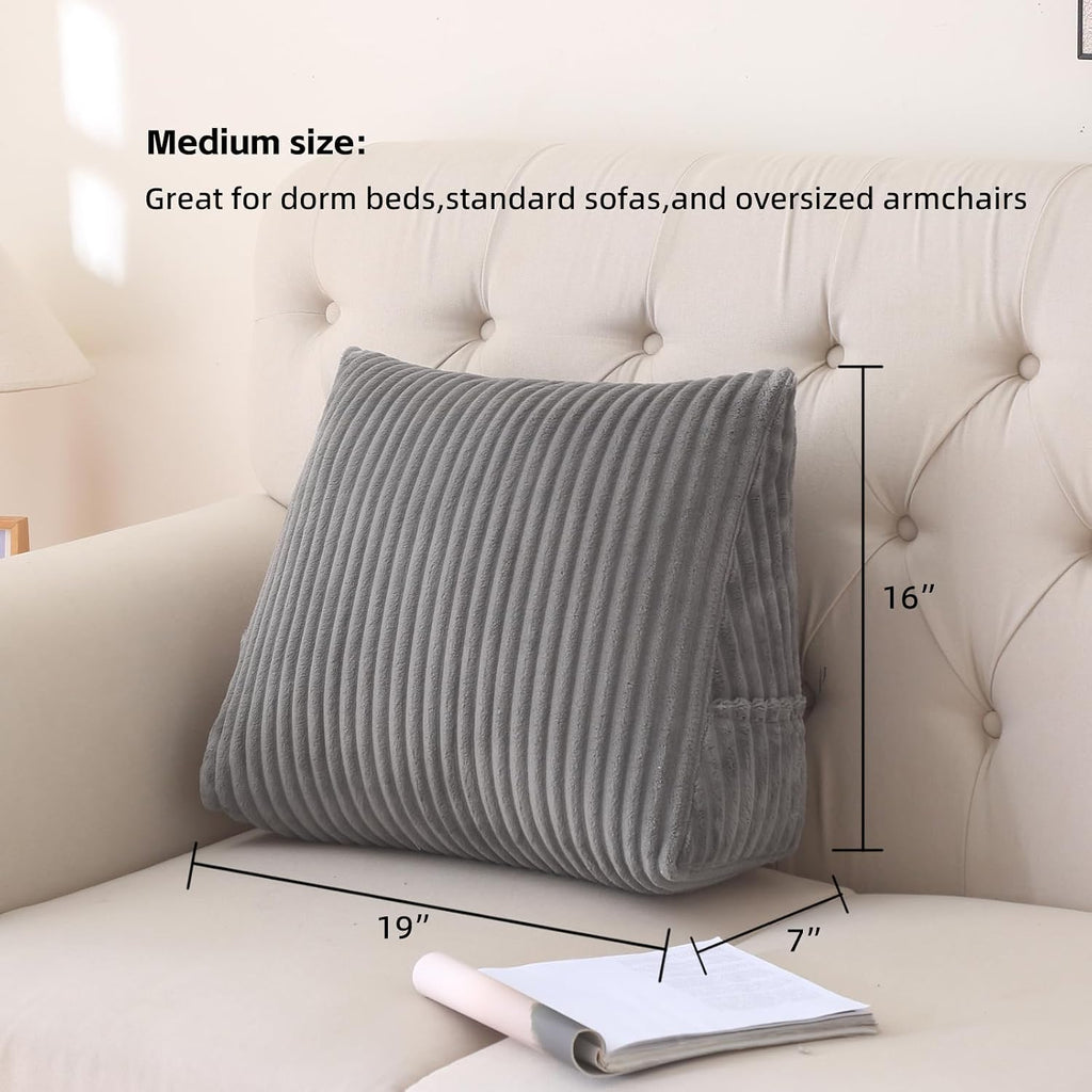 Corduroy Wedge Reading Pillow for Bed, 3 Sizes, 4 Colors for Bed, Sofa, Office Chair (Grey, Medium 19 * 16 * 7in)