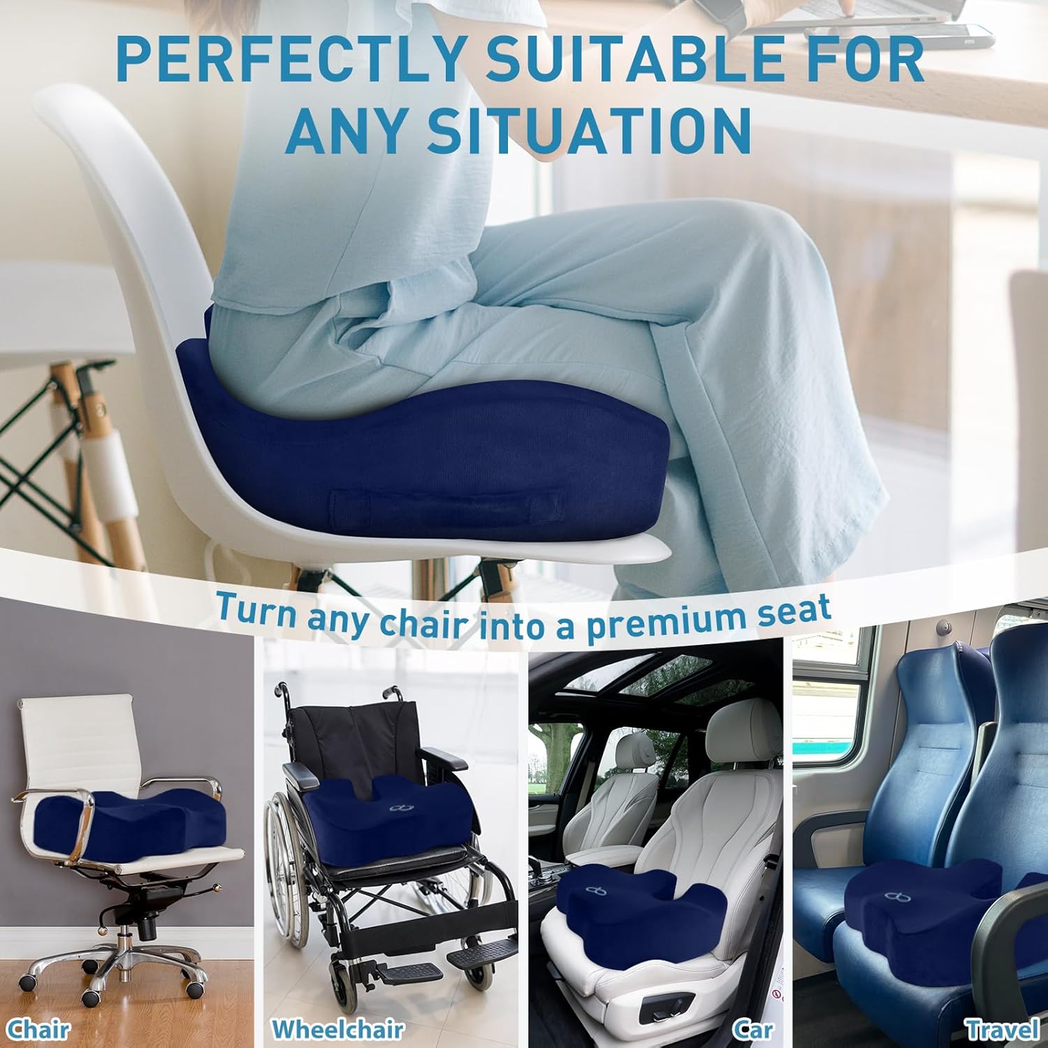 BlissTrends Seat Cushion, Thick Memory Foam Cushions for Office Chair, Car Seat, Airplane, Relieving Pressure Tailbone Sciatica Back Pain fo…