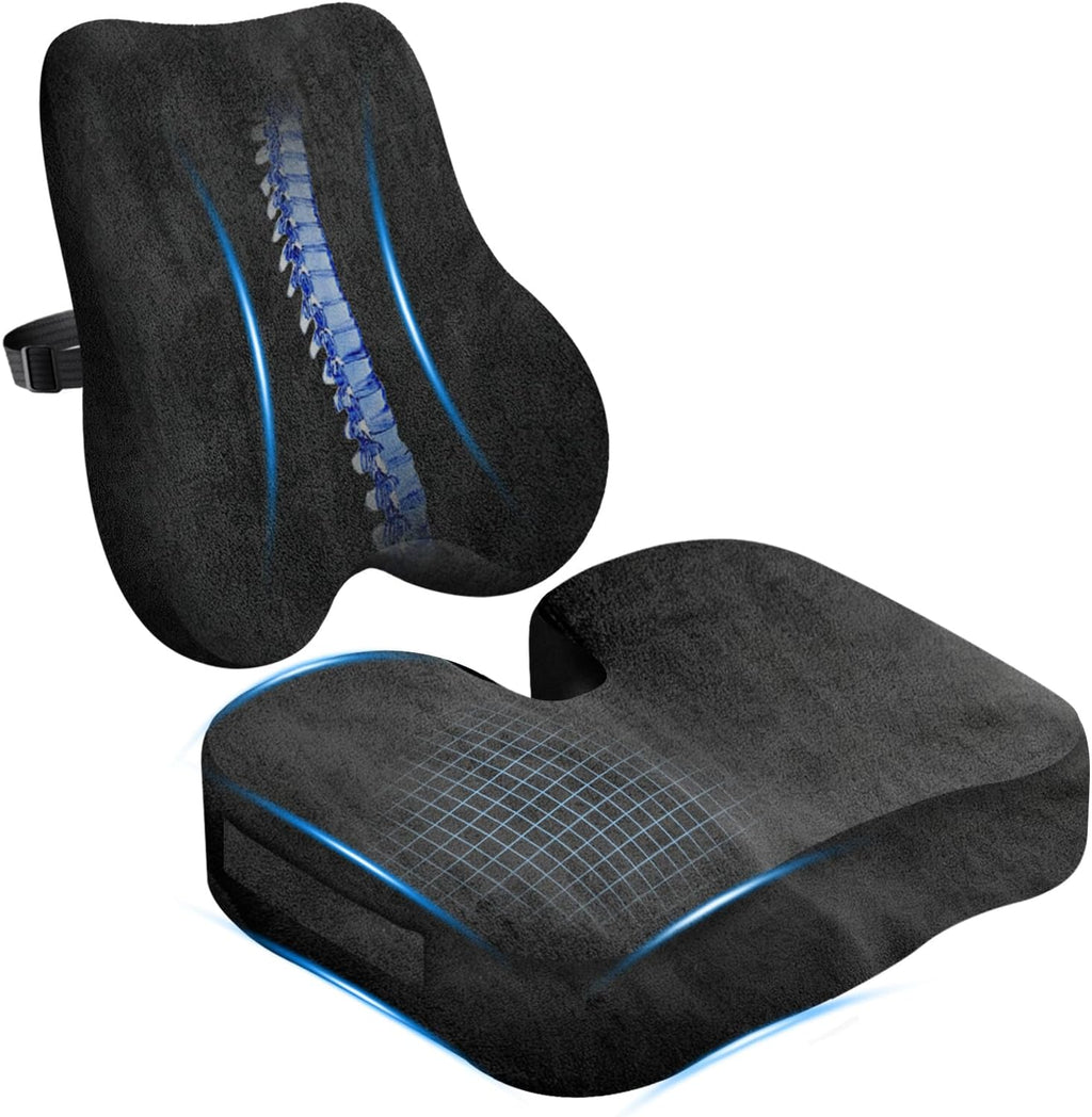 Watshyon Memory Foam Seat Cushion & Plush Velvet Lumbar Support Pillow Set, Comfort Computer Chair Cushions for Tailbone & Back, Er…