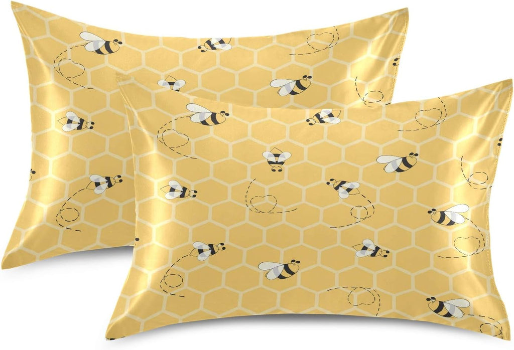 Satin Pillowcase for Hair and Skin Silkly Decorative Pillow Sham with Envelope Closure Pillow Cover (20x30in, Yellow Honeycomb Bee)