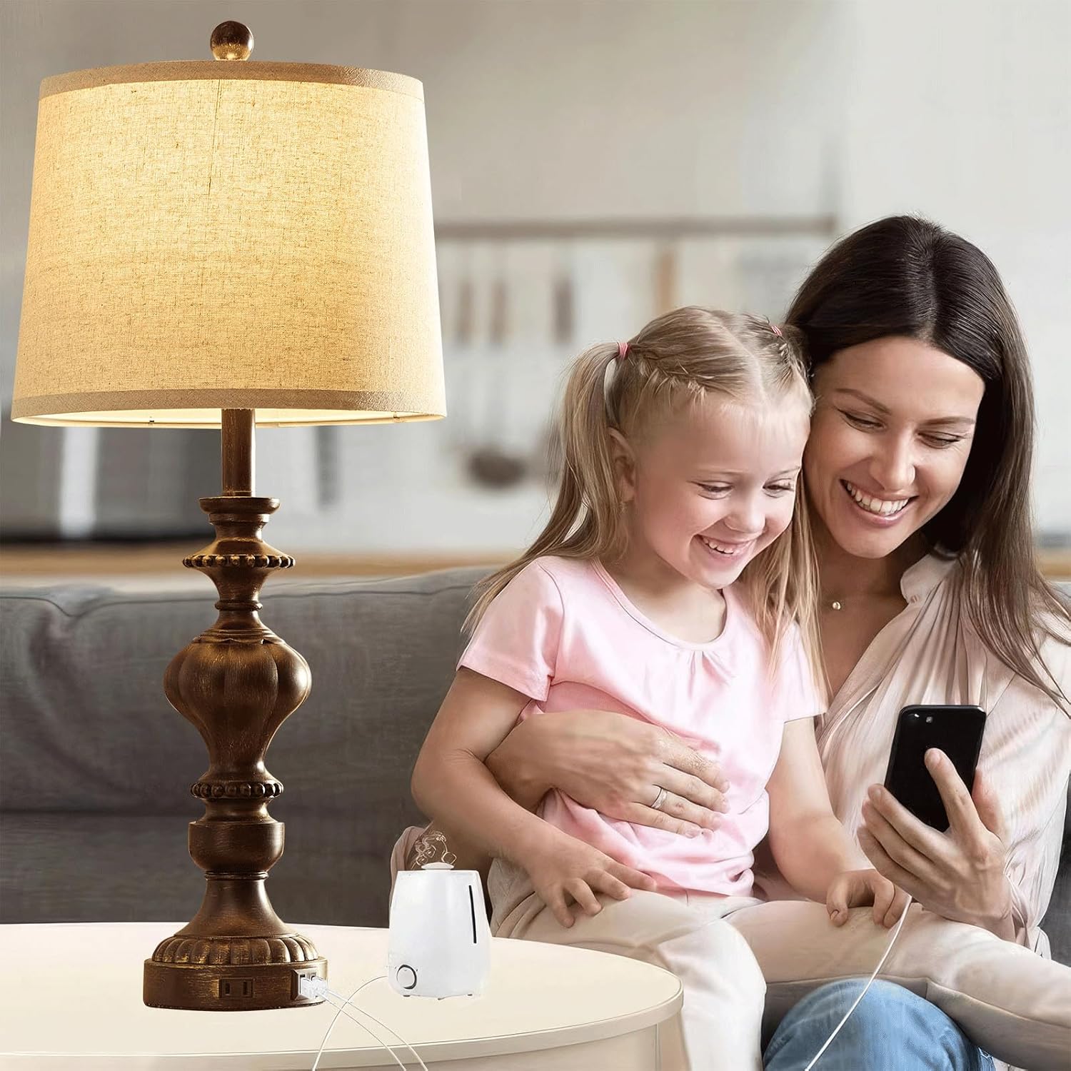 SAIWEYA 27.5" Farmhouse Table Lamps Set of 2 Bedside Nightstand Lamp with USB C+A Ports & AC Outlet, 3 Way Dimmable Lamps for Bedroom…