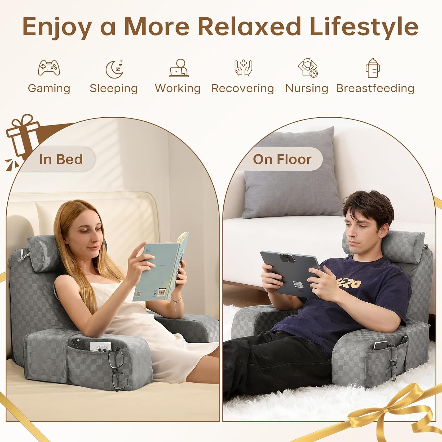 Vekkia Reading Pillow for Adults – Ergonomic 45° Wedge Back Support Chair for Sitting in Bed, XL Side Pockets, Perfect for Working…