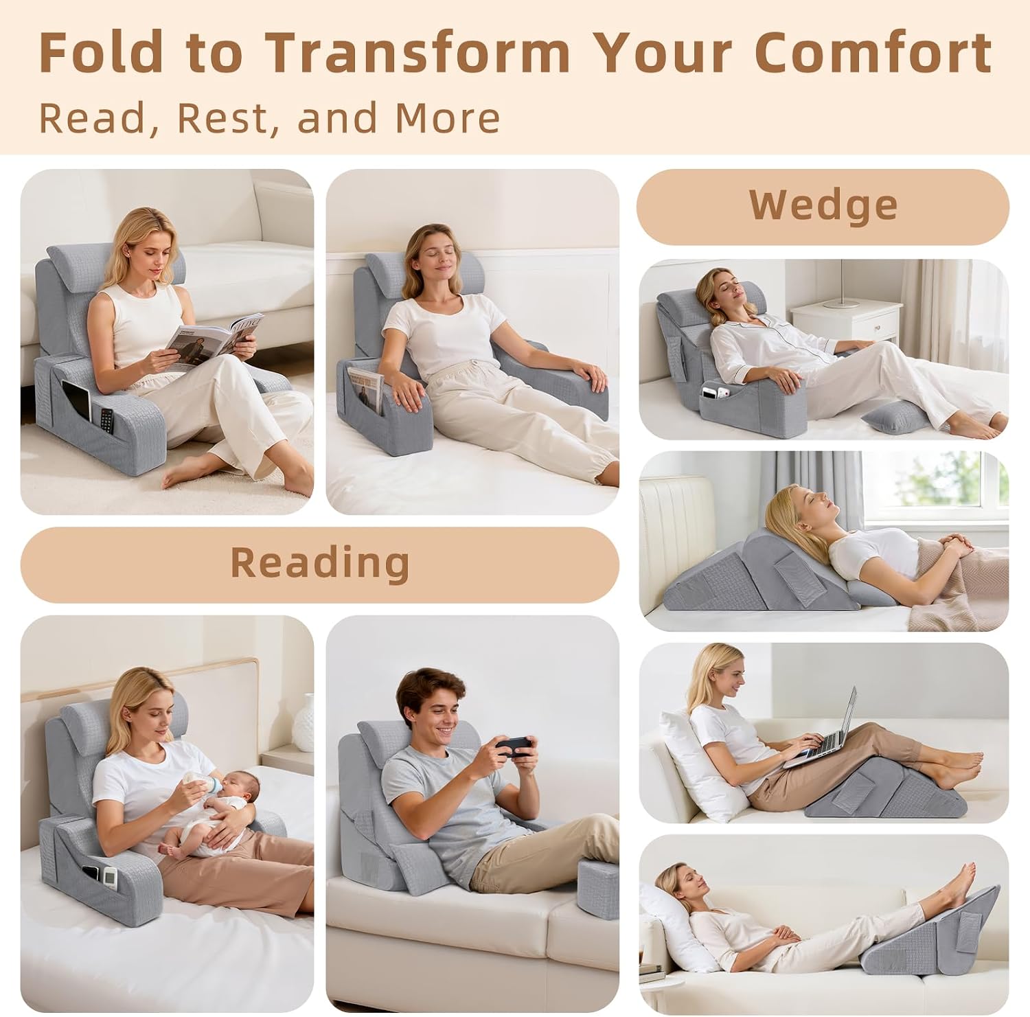 Esuerdo 5PCS Reading Pillow for Sitting in Bed Adult, 2 in 1 Foldable Back Wedge Pillow for Sleep, Ergonomic Back Support Pillow with Arms…