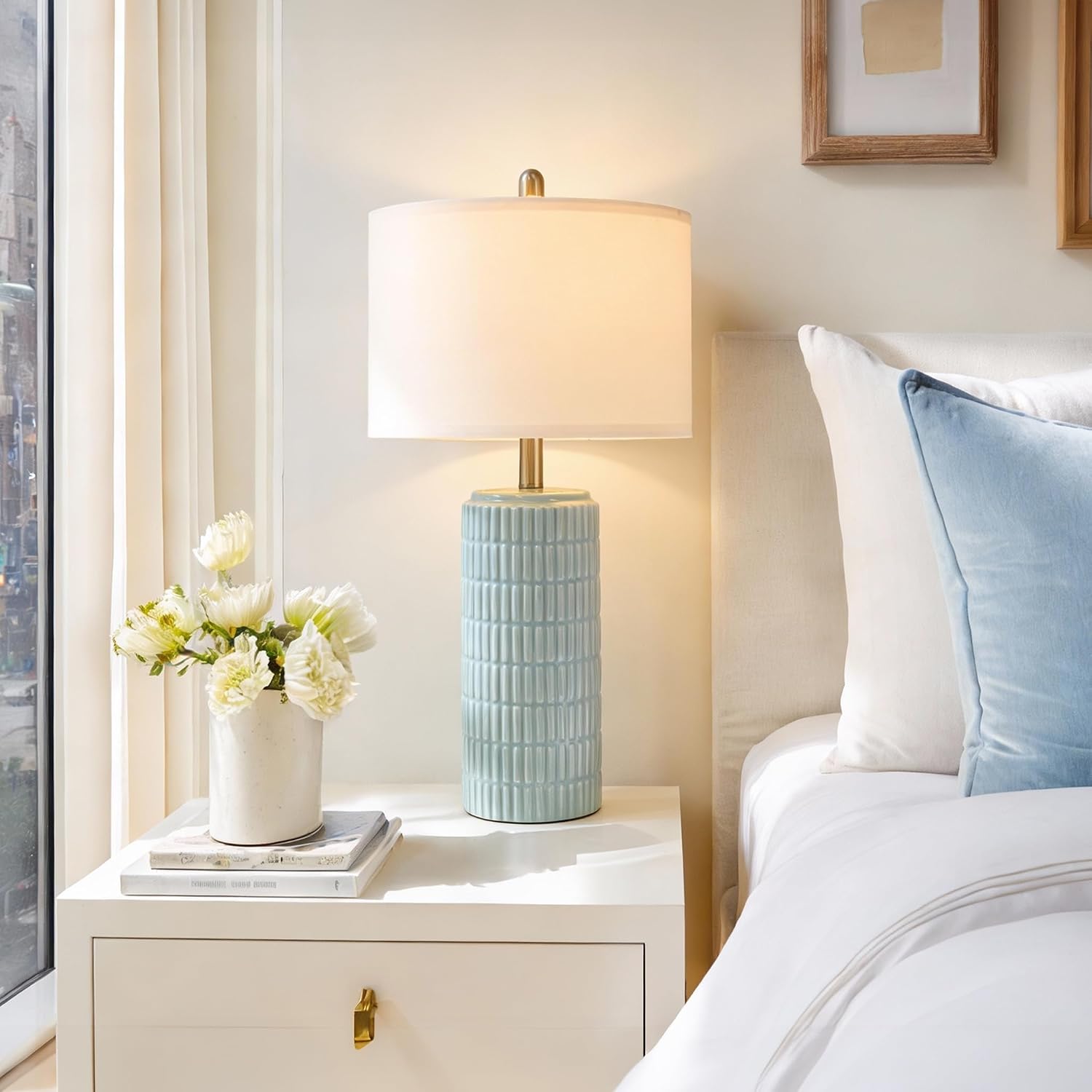PoKat 23" Light Blue Table Lamps Set of 2, Modern Bedside Lamps for Bedroom, Coastal Ceramic End Table Lamps for Living Room, Ocean…