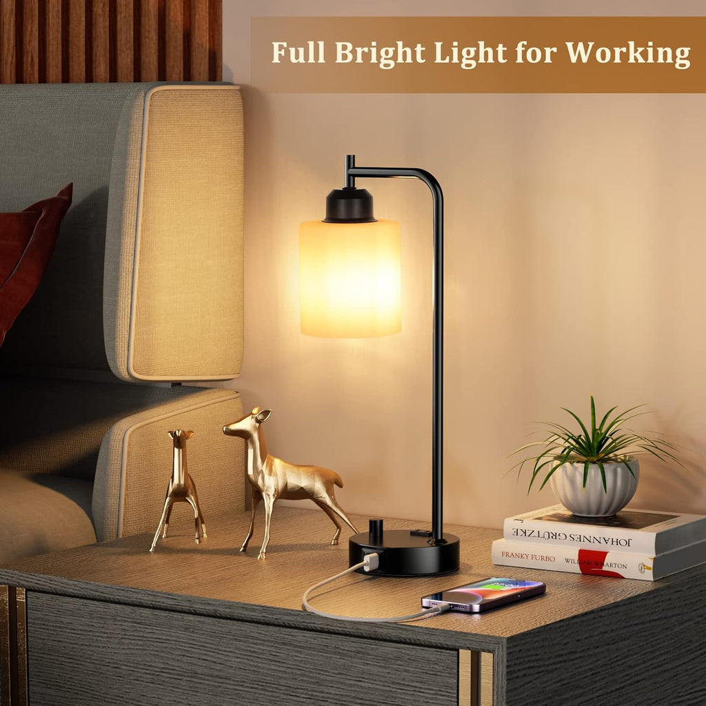 Industrial Bedroom Table Lamps for Bedside - White Opal Glass Shade Desk Lamps with USB C Port, Fully Dimmable Black Lamps with USB Port…