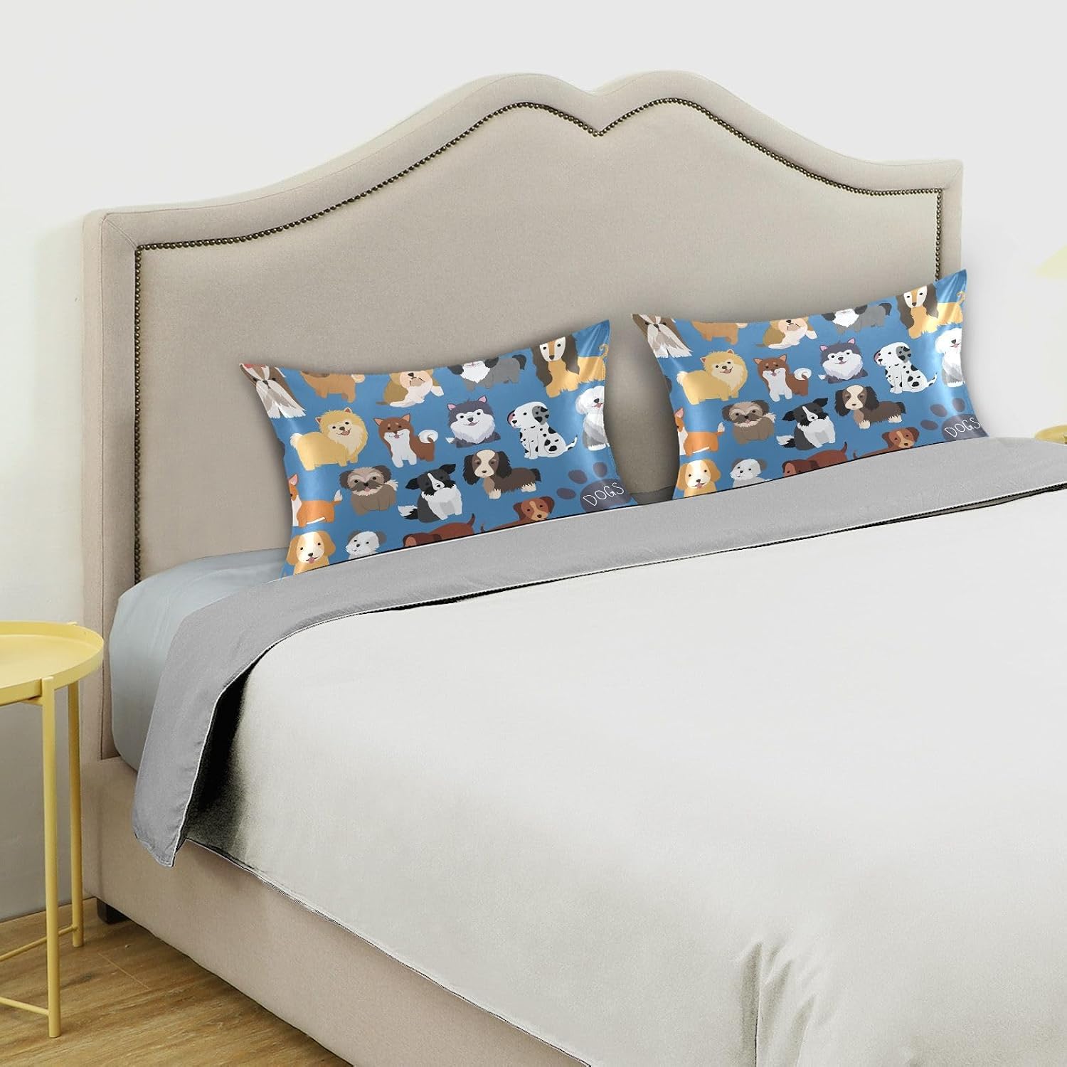 Dogs Cute Blue Print Pillow Covers Silk Pillowcase for Hair and Skin Soft Breathable Smooth Cooling Satin Pillowcase King Size Pillow…