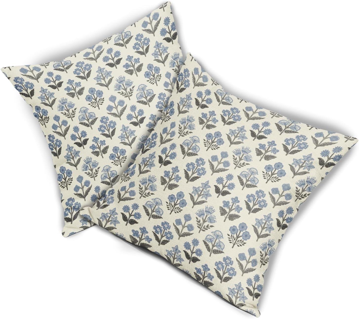 Black Blue Floral Block Print Pillow Covers 16x16 Inch Set of 2, Vintage Flower Pattern Spring Summer Decorative Throw Pillowcases…
