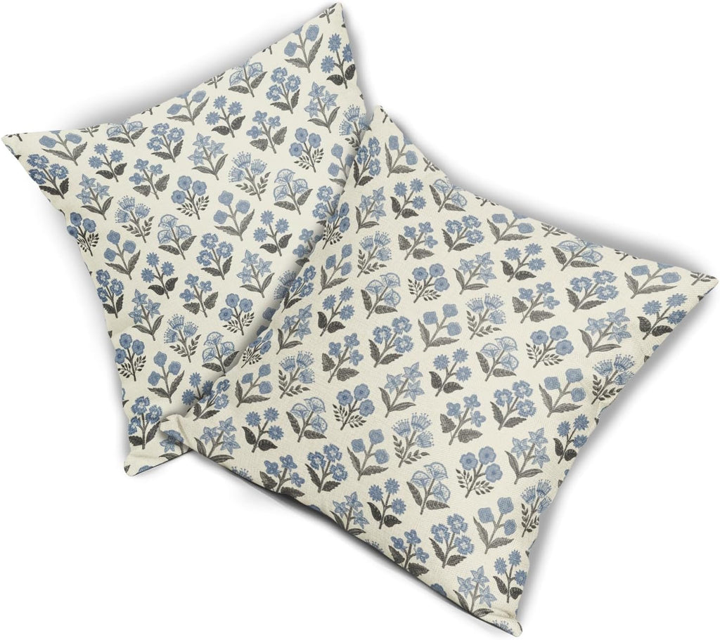 Black Blue Floral Block Print Pillow Covers 18x18 Inch Set of 2, Vintage Flower Pattern Spring Summer Decorative Throw Pillowcases…