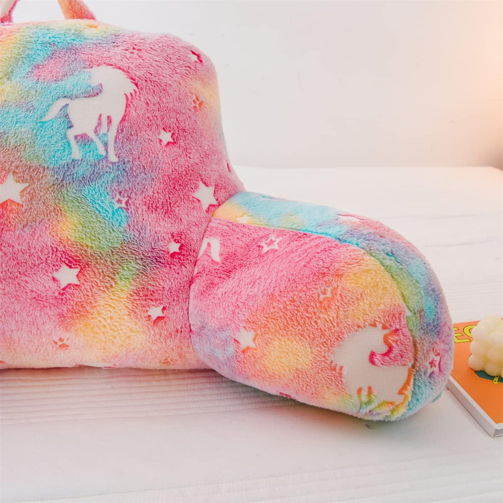 Holawakaka Glow in The Dark Unicorn Reading Pillow for Sitting up in Bed Sofa Kids Teens, Luminous Stars Backrest Pillow with Arms for…