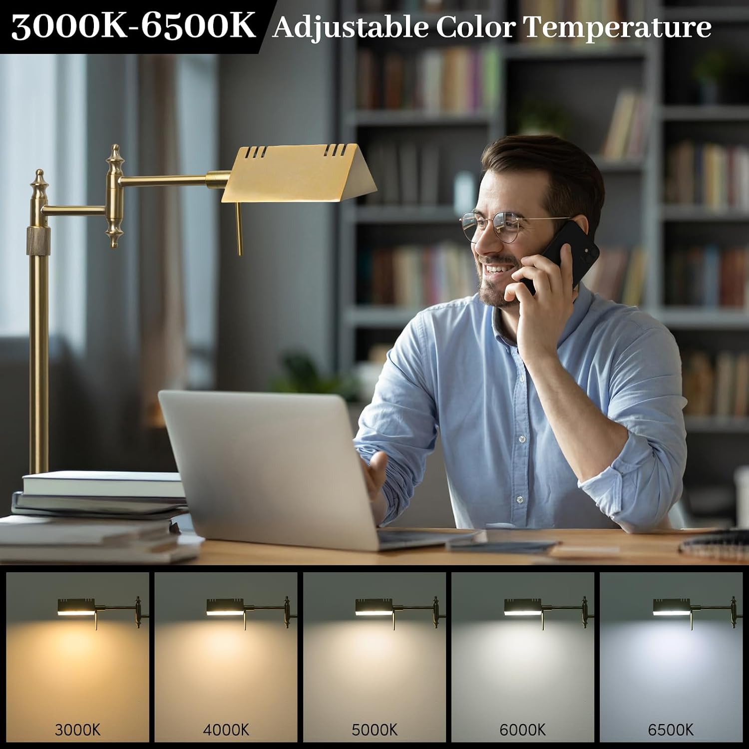 Dimmable Pharmacy Floor Lamp with Remote, 17W Gold LED Reading Floor Lamp with 360°Swing Arm, 3 Color Temperature, Height Adjustable…