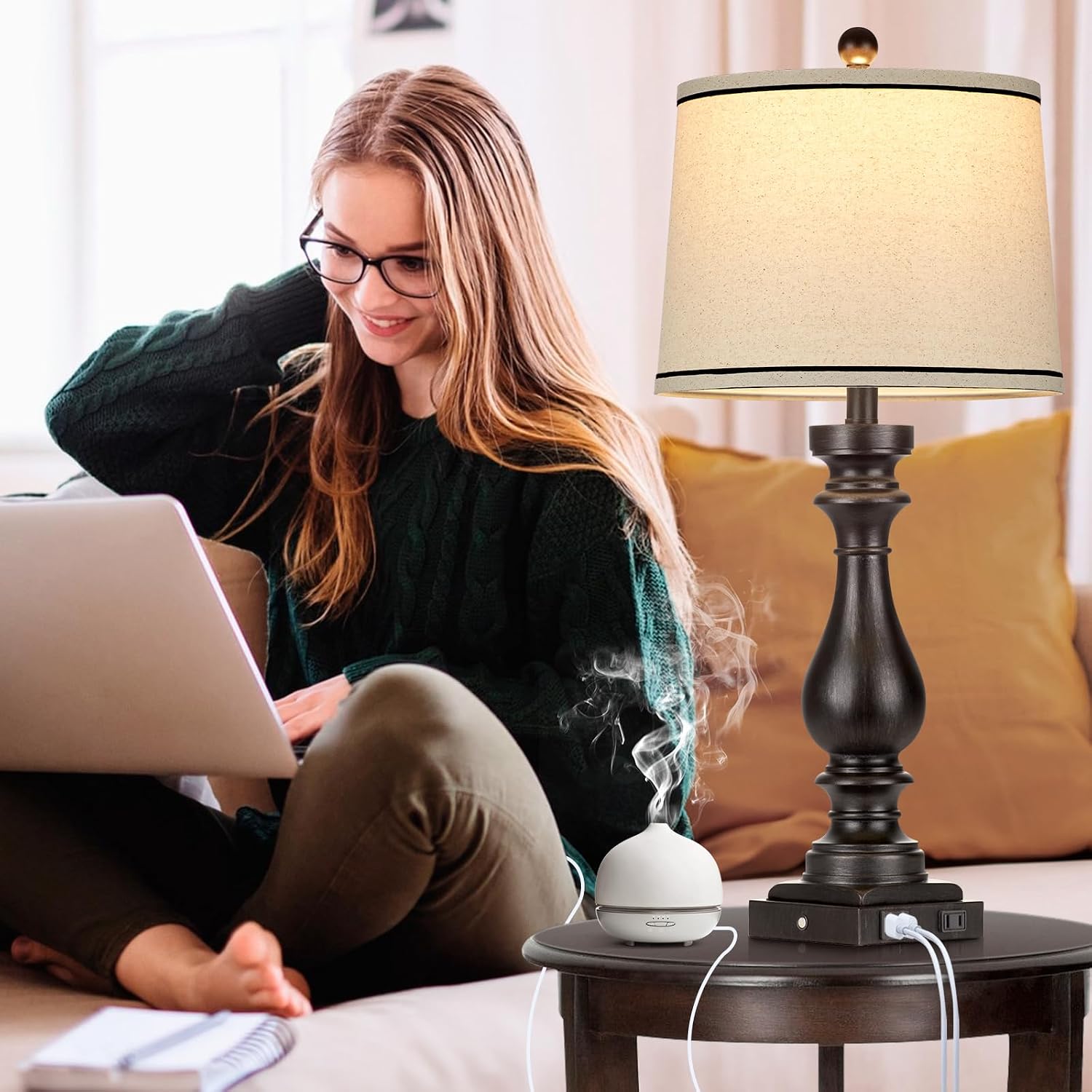 Cinkeda 29" Tall Table Lamp for Living Room Set of 2, Farmhouse Vintage Bedside Nightstand Lamps with USB C+A Ports & AC Outlet,3-Way…