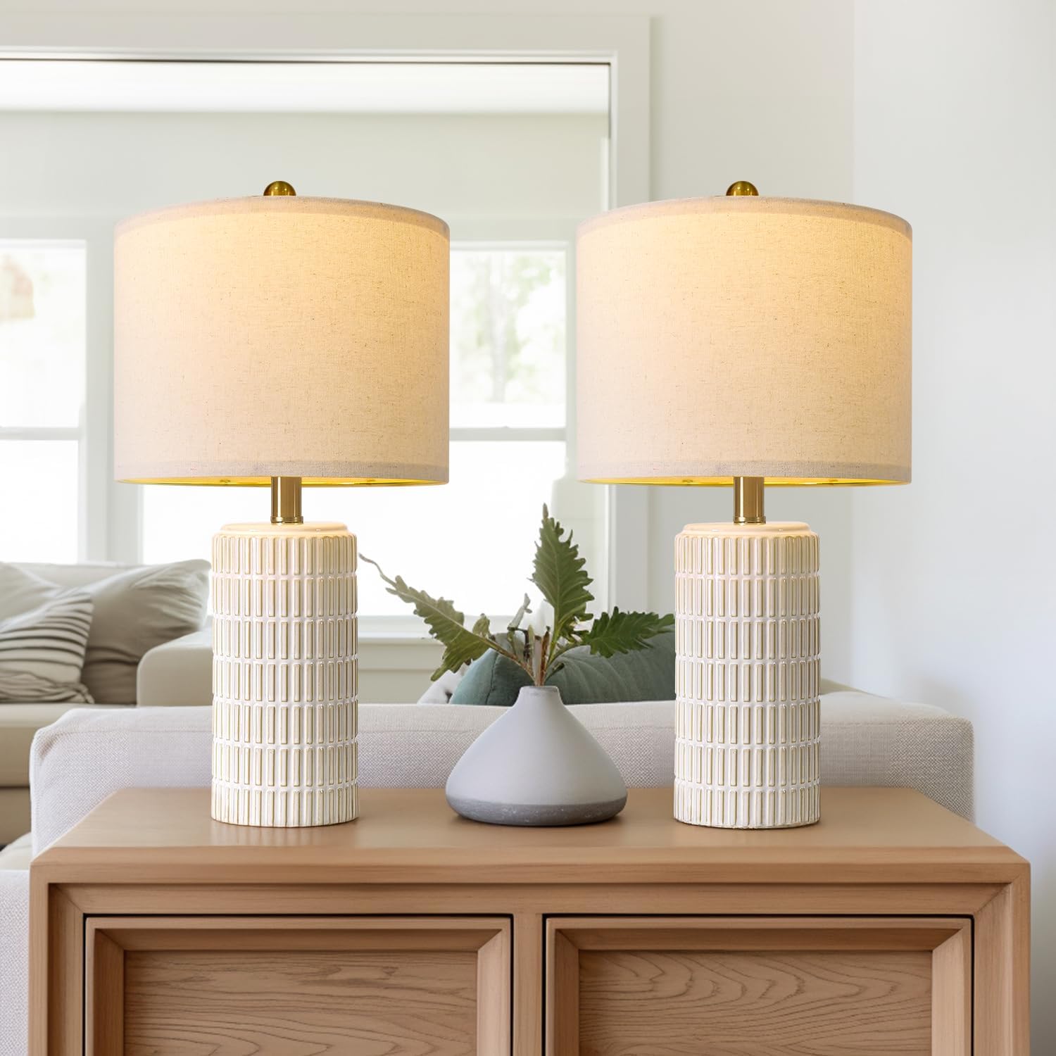 PoKat 20.75" Small Modern Ceramic Table Lamps Set of 2 for Bedroom, White Bedside Lamps for Night Stands, Farmhouse Desk House Warming…