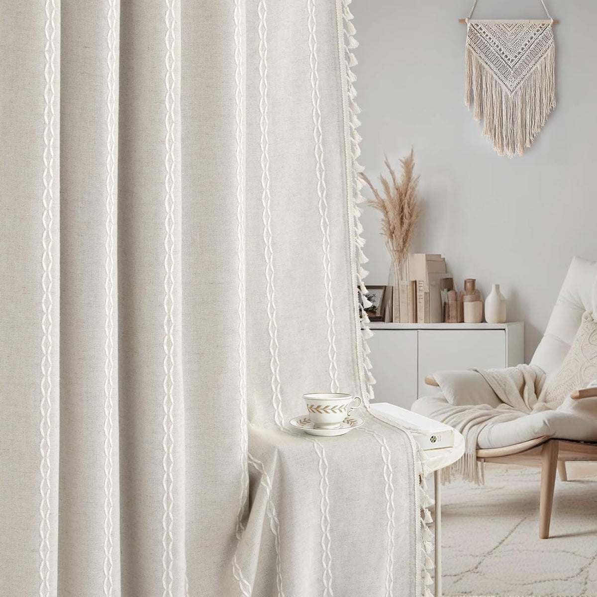 XOGUIBO Boho 80% Blackout Curtains with Gray Liner 96 Inches Long 2 Panels Set, Beige Linen Blend Drapes with Tassels and Cotton Emb…