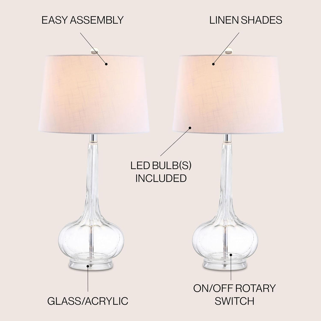 JONATHAN Y 28.5" Clear Glass Teardrop LED Table Lamp Set of 2 for Living Room Bedroom Nightstand, White Linen Shade Modern Transitional…