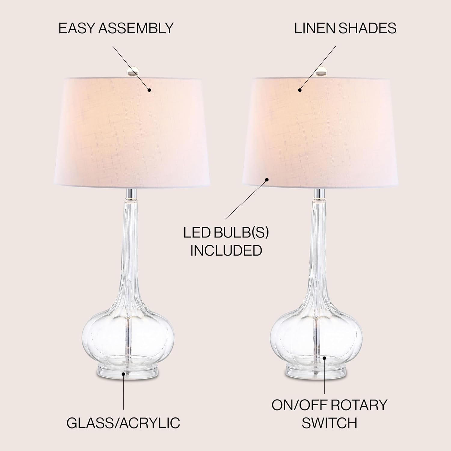 JONATHAN Y 28.5" Clear Glass Teardrop LED Table Lamp Set of 2 for Living Room Bedroom Nightstand, White Linen Shade Modern Transitional…