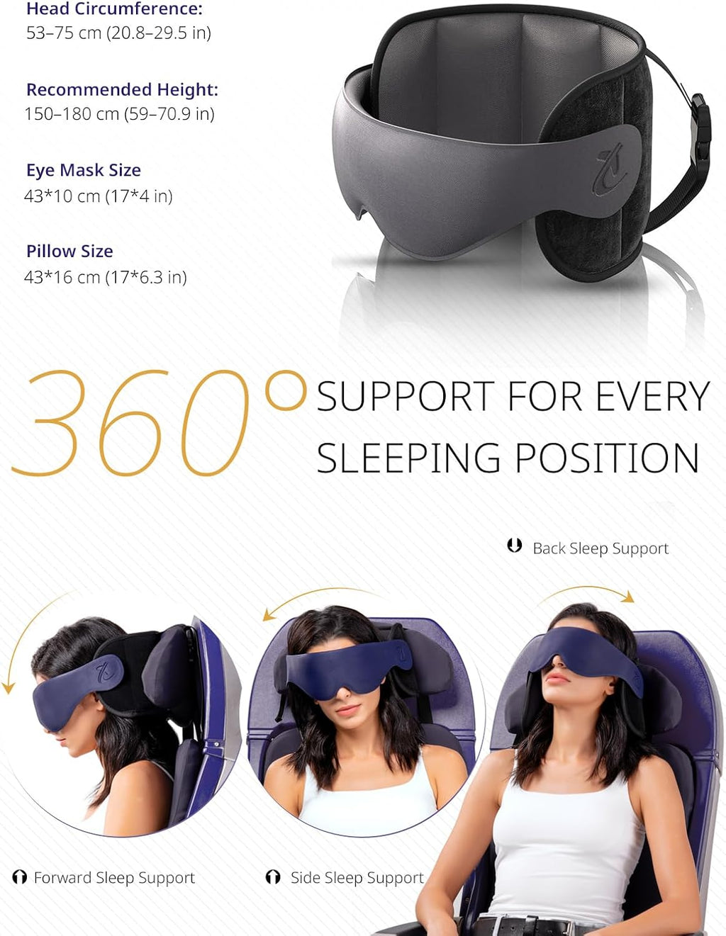 Bonairest Travel Pillow, Airplane Neck Pillow with 3D Eye Mask for Sleeping, Round Edge Plane Head Strap 360°Headrest Support for Long Flig…