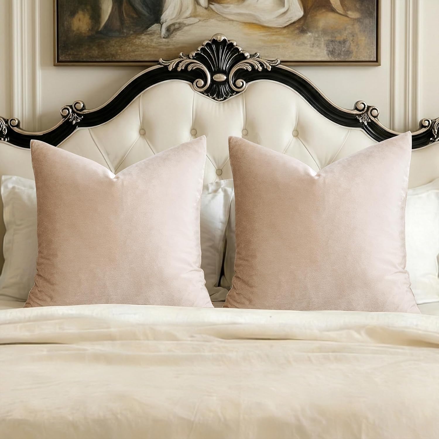 GIGIZAZAFocusingonhomedecoration GIGIZAZA 24x24 Beige Pillow Covers: Pack of 2 Champagne Vintage Throw Pillows Super Soft Velvet Covers - D…