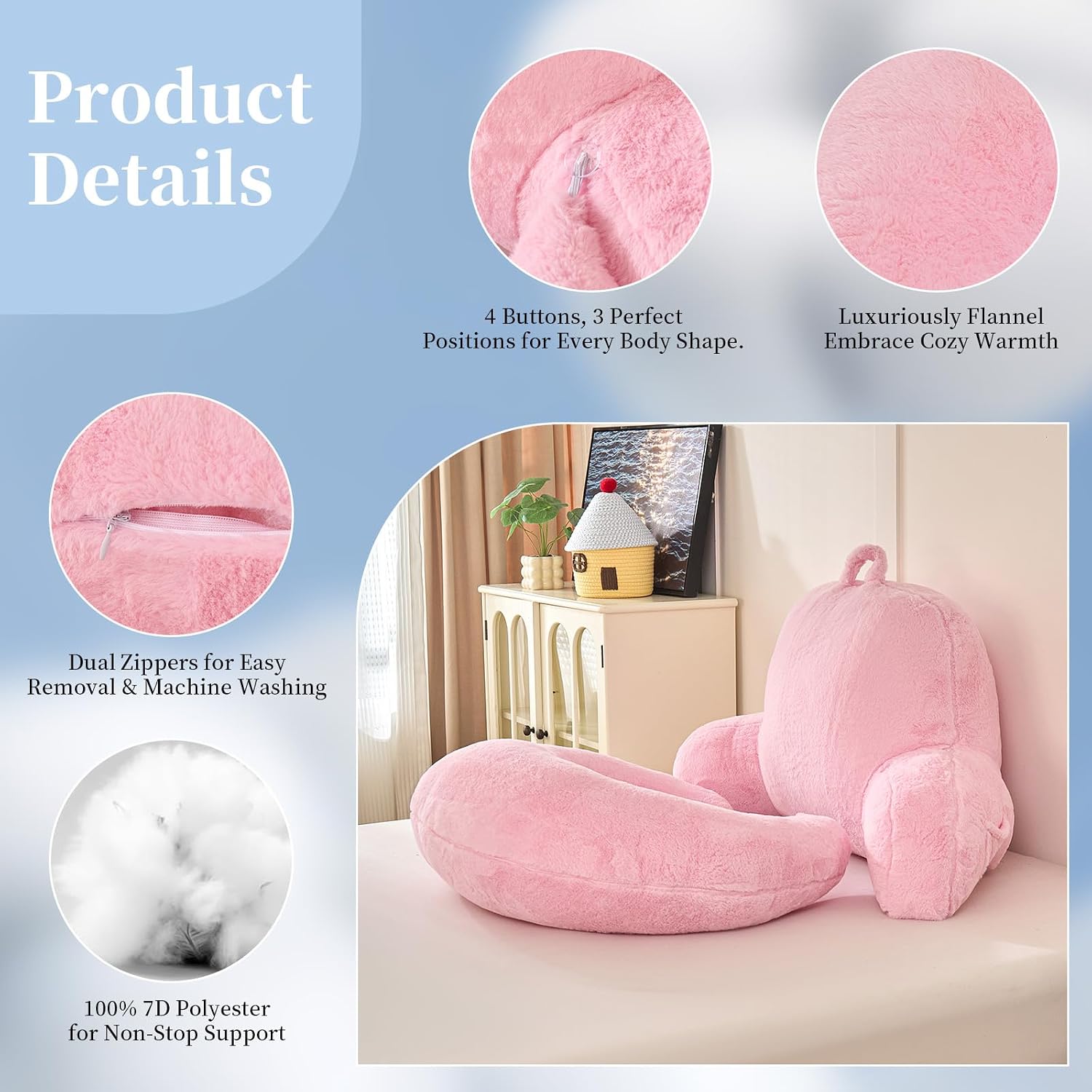 Pajeo 17" Faux Fur Reading Pillow for Bed with Arms, Cute Plush U Shaped Backrest Support Cushion for Kids, Teens, Compact Lap Pillow for Croc…