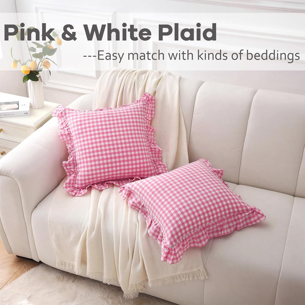 Kmasaniji 2 Pack Pink White Plaid Ruffle Gingham Throw Pillow Covers, 100% Washed Cotton Buffalo Checkered Farmhouse Pillow Shams - 18‘’x18…