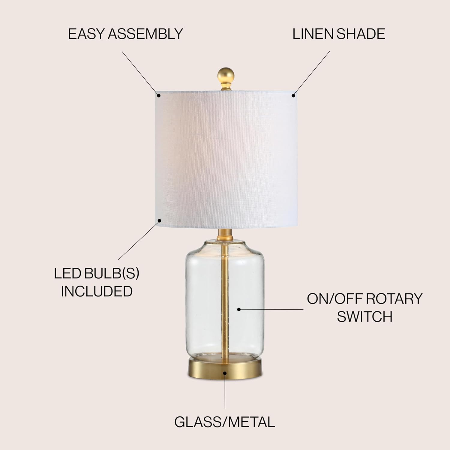 JONATHAN Y 19.5" Brass Gold and Clear Glass Table Lamp, Glam Transitional Bedside Lamp for Living Room Nightstand, White Linen Drum…