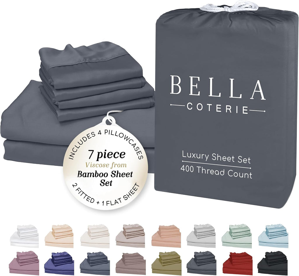 Bella Coterie 7 Piece Luxury Bamboo Viscose Split King Size Sheet Set | 2 Fitted Sheets for Adjustable Beds | 100% Organically Grown |…