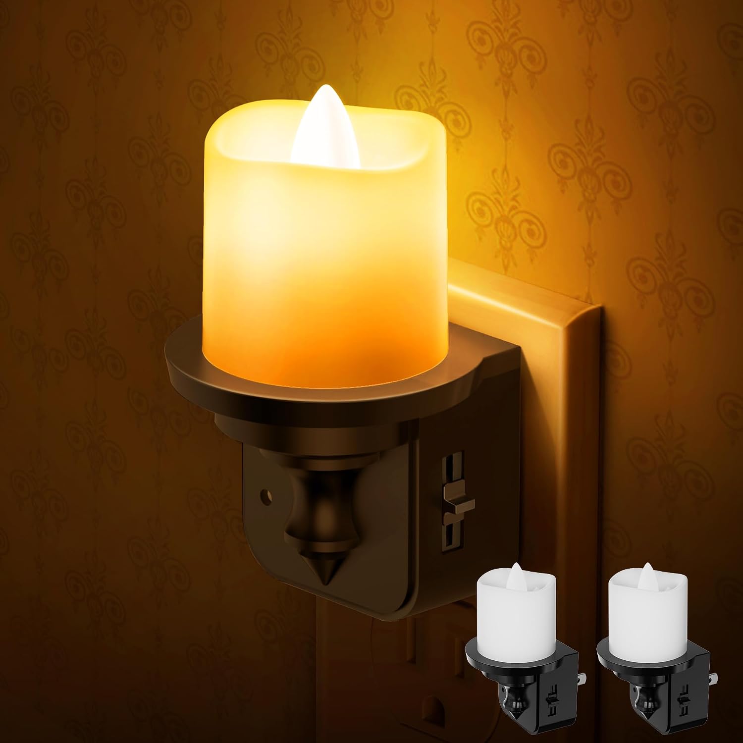 Briignite Flameless Candle Night Lights, Amber Plug-in 2 Pack, LED Candle with Light Sensor, 0-100LM Dimmable, Kids Hallway Bathroom…