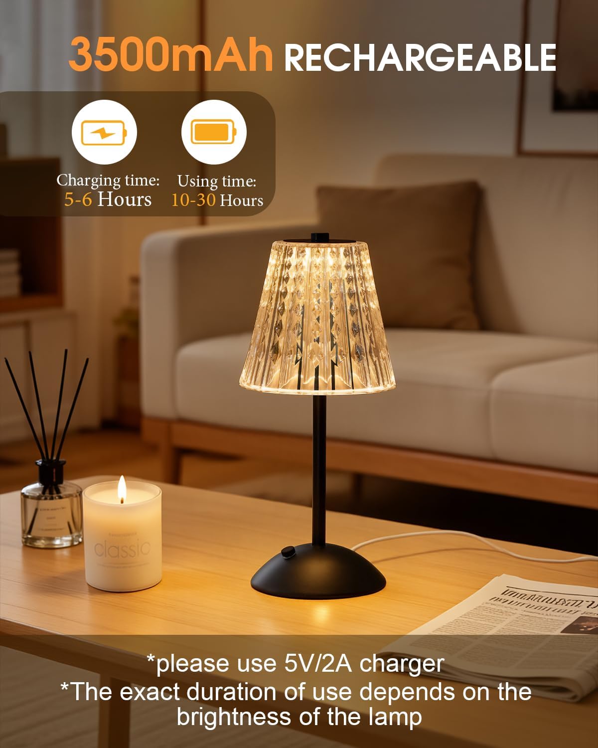 Nusogon Rechargeable Cordless Table Lamp, Touch Control Crystal Desk Lamp with 3500mAh Battery, 3 Color Dimmable LED Small Lamp for…