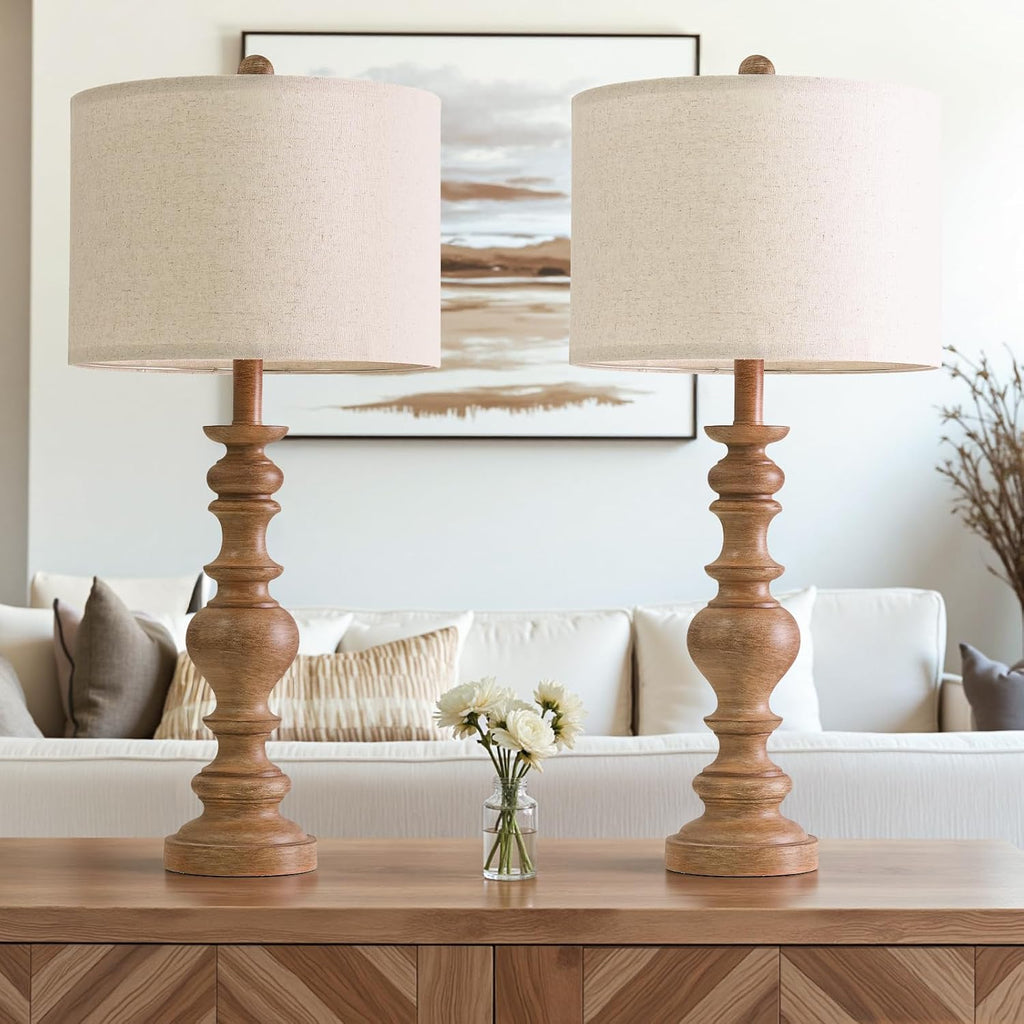 BOBOMOMO 27" Light Brown Table Lamps Set of 2, Large Farmhouse Resin Lamps with Linen Shades, Rustic Vintage Lamps for Living Room…