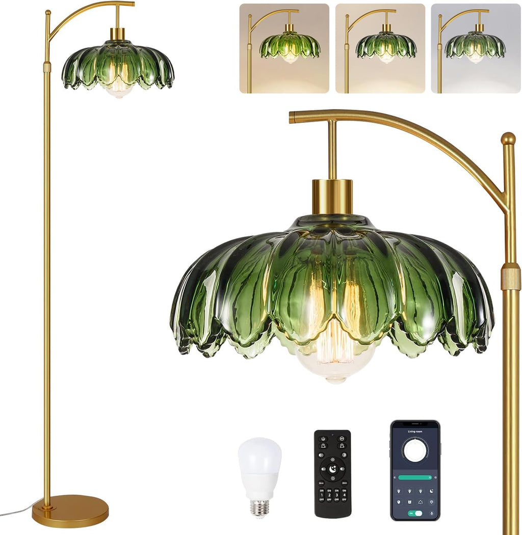 ZECOXOL Gold Floor Lamps for Living Room Vintage Green Floor Lamp with Remote Control & Glass Lampshape, Dimmable Mid Century Modern…