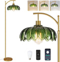 ZECOXOL Gold Floor Lamps for Living Room Vintage Green Floor Lamp with Remote Control & Glass Lampshape, Dimmable Mid Century Modern…