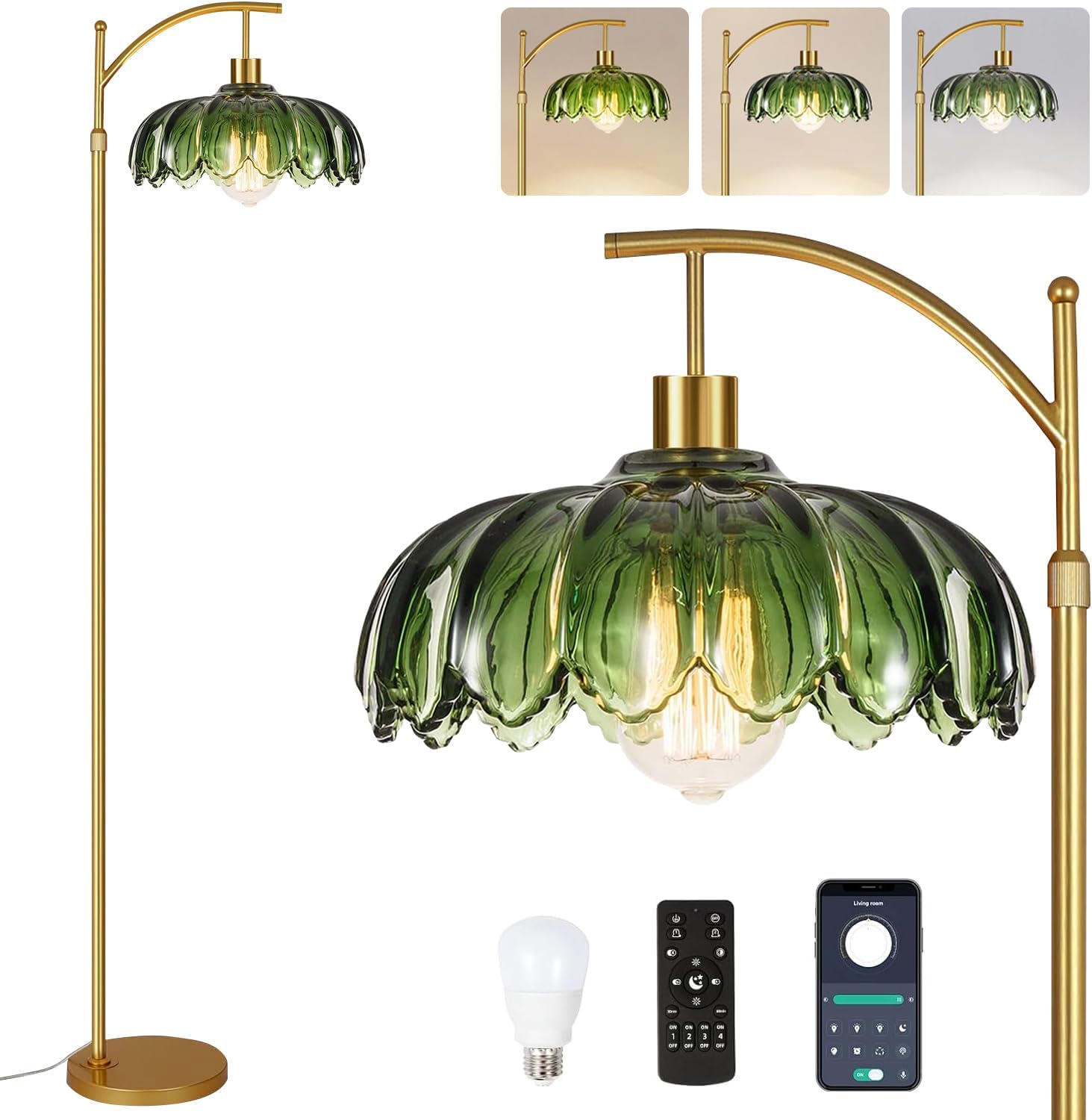 ZECOXOL Gold Floor Lamps for Living Room Vintage Green Floor Lamp with Remote Control & Glass Lampshape, Dimmable Mid Century Modern…