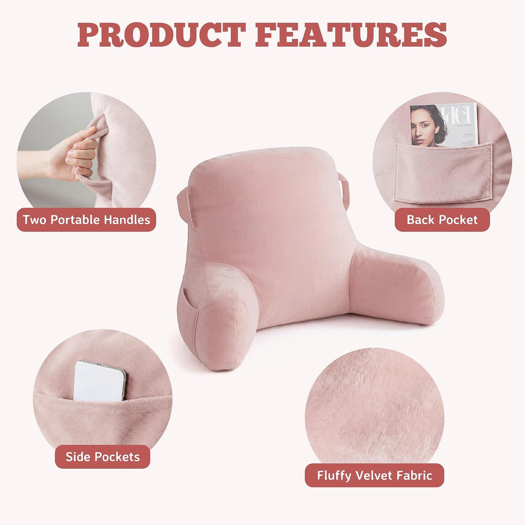 Unisakey Portable Comfy Reading Pillows for Bed Sitting Up(Pink Oeko-Tex), Velvet Back Pillow with Arms & Pockets for Adults, Support…