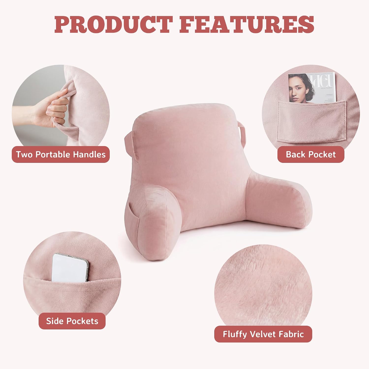Unisakey Portable Comfy Reading Pillows for Bed Sitting Up(Pink Oeko-Tex), Velvet Back Pillow with Arms & Pockets for Adults, Support…