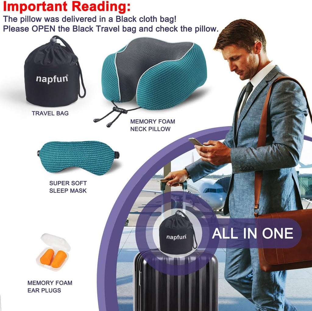 napfun Neck Pillow for Travel with Travel Pouch, Sleep Mask & Earplugs, Memory Foam Airplane Pillow for Headrest Sleep with Eyeshades…