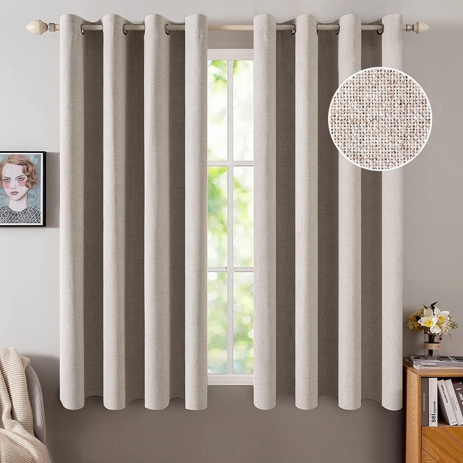 Miulee Blackout Curtains for Bedroom Linen Texture Solid Thermal Insulated Natural Khaki Grommet Room Darkening Curtains & Drapes Luxury De…