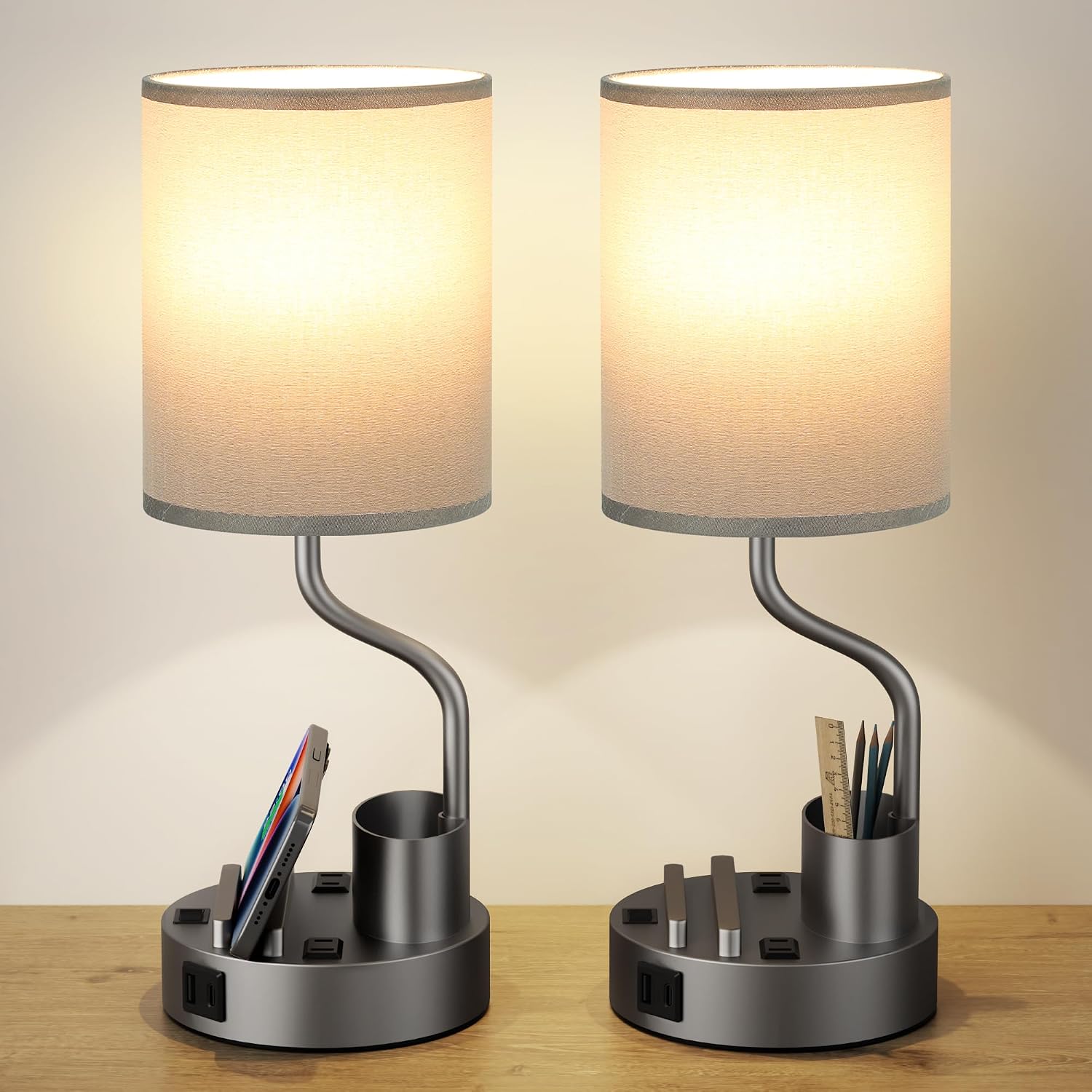 Grey Bedside Table Lamps for Bedroom Set of 2 - Nightstand Light with AC Outlet and USB A & C for Charging, 3 Color Temperatures Desk…